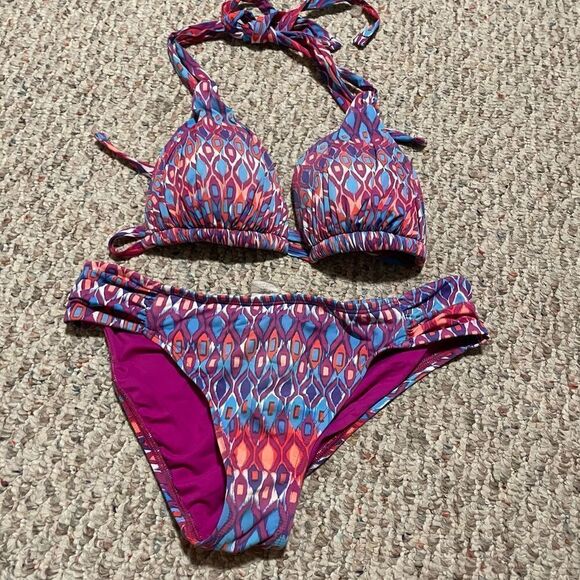 La Blanca Ikat Print Molded Cup Top Tab Side Hipster Bottom 2 Piece Santorini - Picture 1 of 6